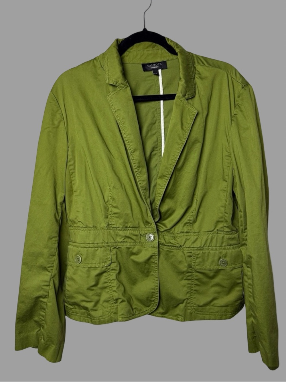 Talbots Blazer Green Jacket Safari Women’s SZ 16 Twill Olive One BTN Office EUC